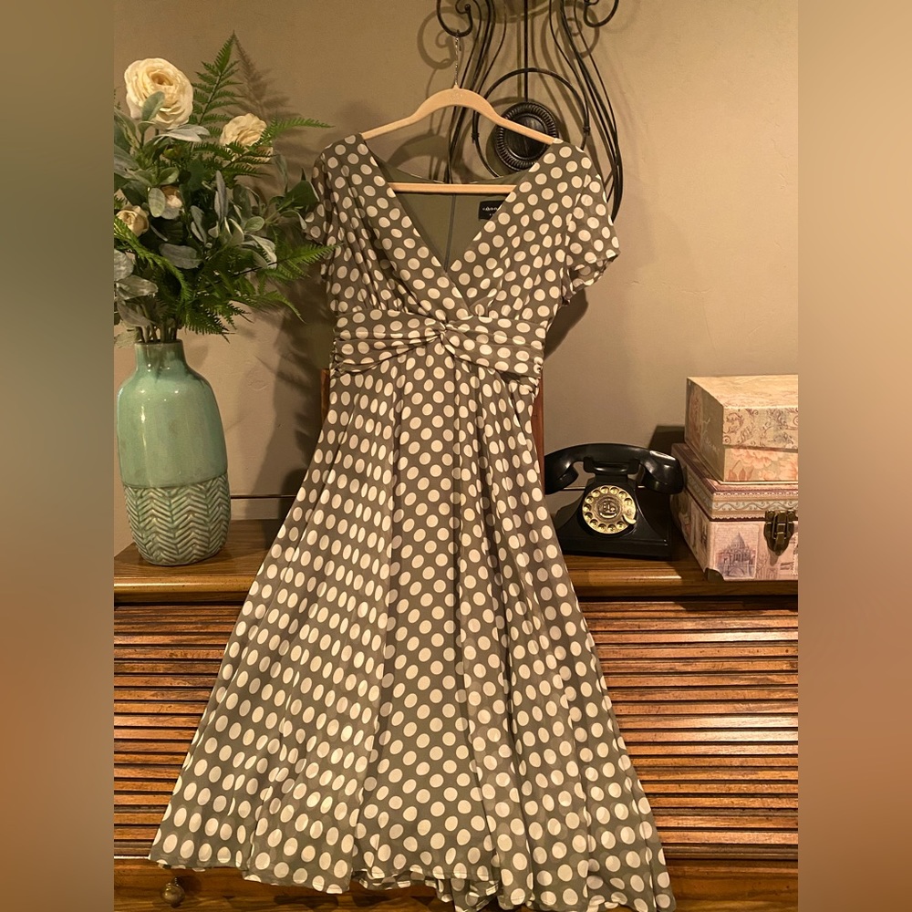 Women's dress mid length green and white polkadot dress
